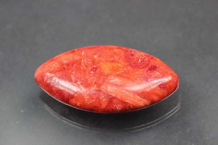 sponge coral pendant pressed red ellipsis size 38 x 20mm, 9mm thickness, hole Ø ca. 1,2mm, straight drilled