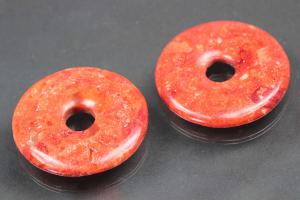 sponge coral pendant pressed red donut size Ø 44mm, 7,5mm thickness, hole inside Ø ca. 9,5mm